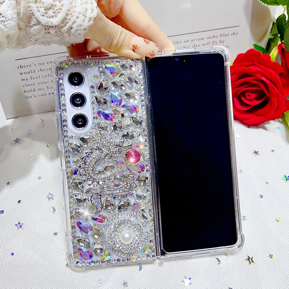 Luxury Diamond Dragon Rhinestone Pearl Flowers Phone Case For Samsung Galaxy Z Fold 5 4 3 2 Full Bling Crystal Clear PC Cover