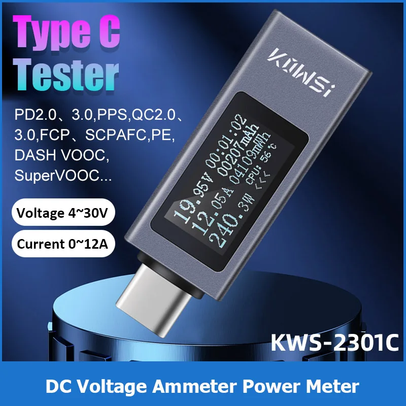 KWS-2301C typ C Tester DC 4-30V 0-12A woltomierz cyfrowy Amperimetro woltomierz wskaźnik Power Bank ładowarka