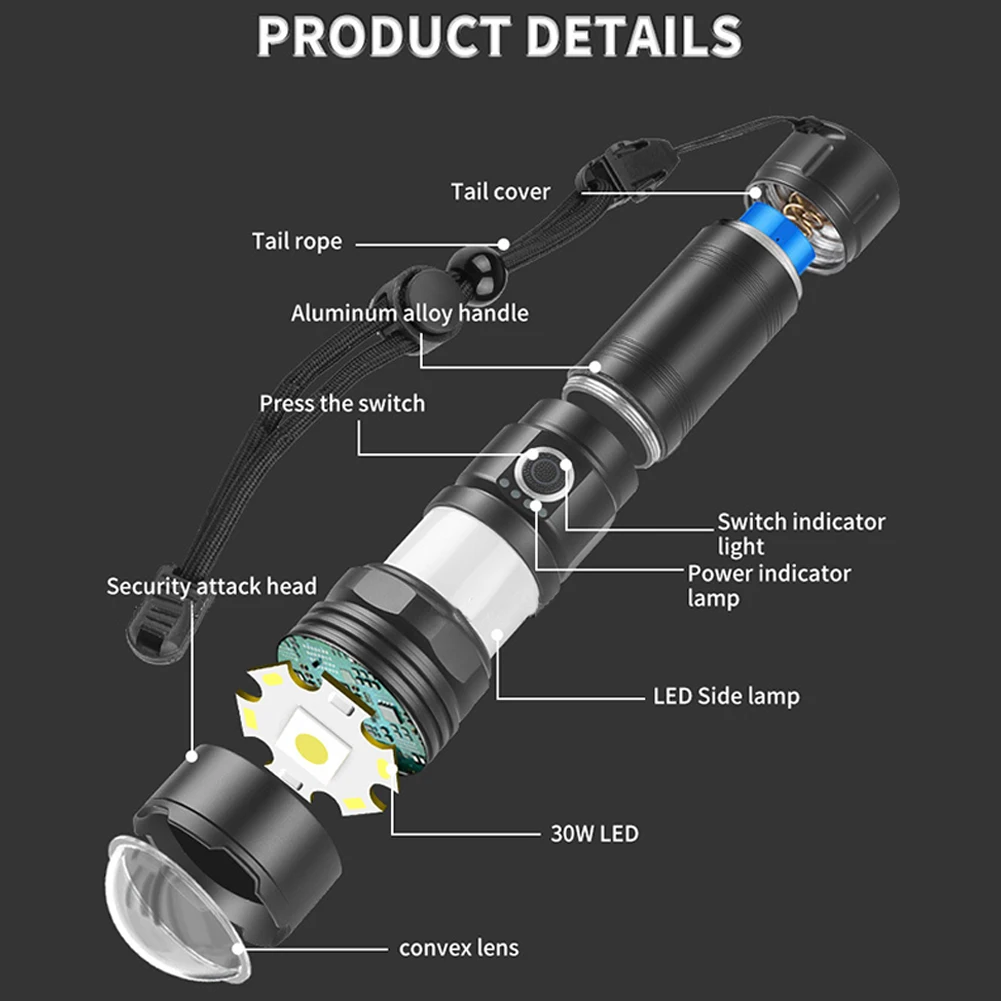 充電式LED懐中電灯,1200ルーメン,30W, 5モード,USB充電ケーブル,防水IPX4