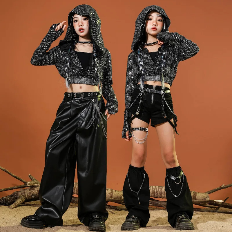 Trajes de dança jazz das crianças menina preto e prata lantejoulas passarela trajes de dança jazz das crianças trajes de dança de rua feminino