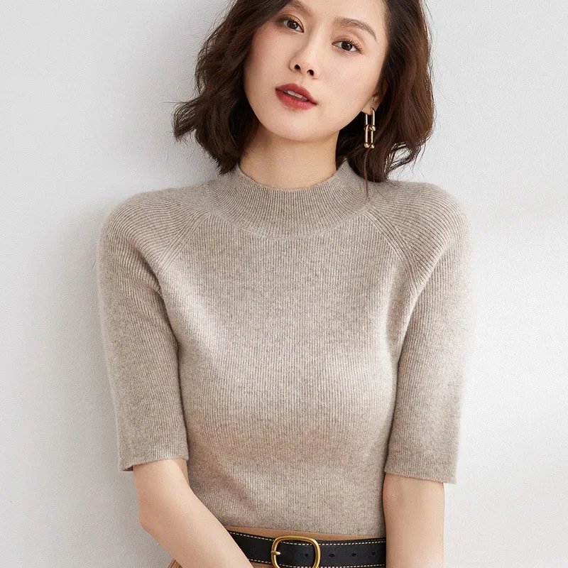 

Spring Knitted Sweater Women's T-shirt Half High Collar 5-Quarter Sleeve Short Sleeve Base Layer Woolen Top for Women