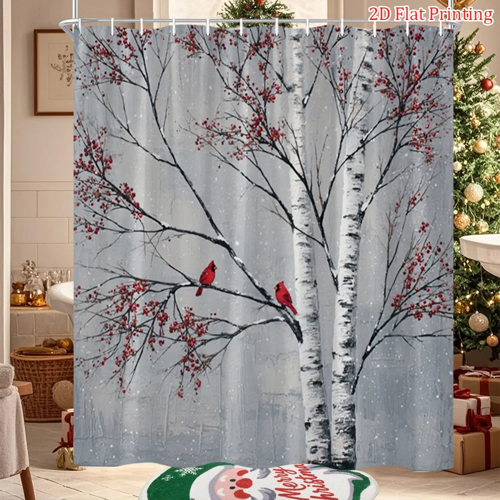 2D Flat, 2D Flat, 1pc of Winter Red Cardinal 2D Flat Shower Curtain Featuring a Birch Tree Blossom Nature Design, Made of Polyes
