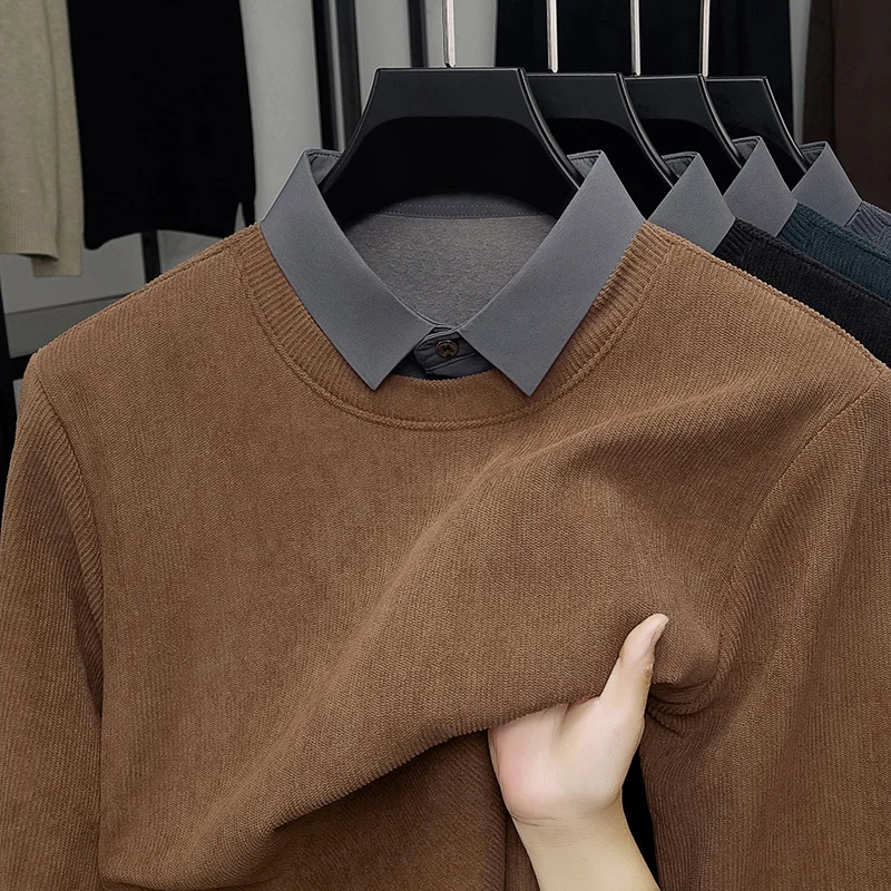 เสื้อสเวตเตอร์ถักคอปกผู้ชายแบบใหม่สำหรับฤดูใบไม้ร่วงและฤดูหนาวปี 2025 ชุดสองชิ้นสไตล์ลำลองสำหรับวันหยุด