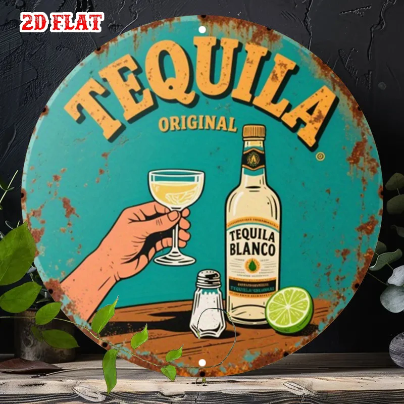 Panneau mural rond en métal 2D plat, 1 pièce, motif Tequila Original Mexican Spirit - Art rustique en aluminium sur le thème mexicain, style vintage, adapté