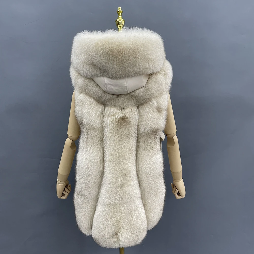 JANEFUR Real Fox Fur Vest with Hood Women 2024 Luxury Fashion Custom Wholesale Natural Fur Sleeveless Coat