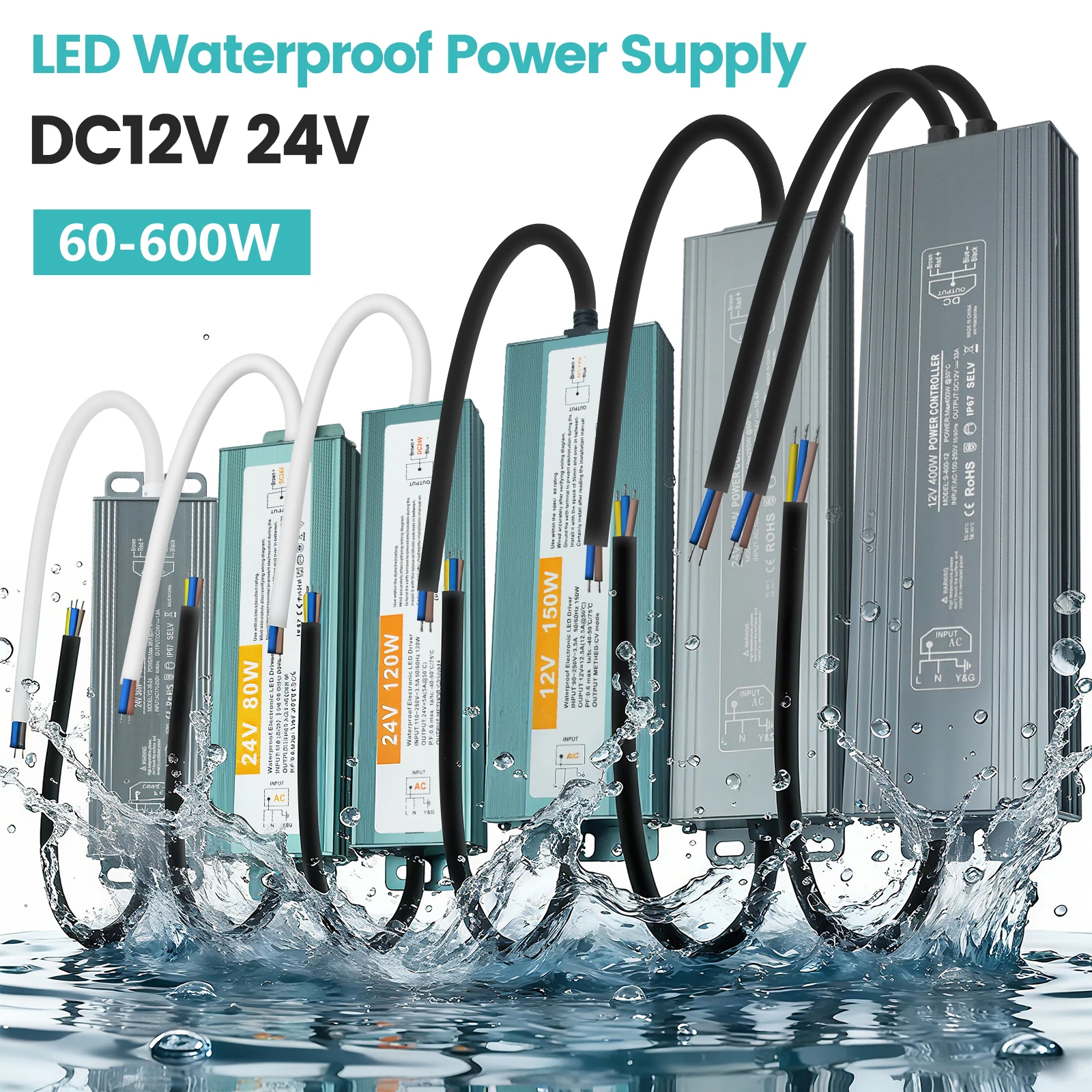 Waterproof Power Supply IP67 Outdoor LED Lighting Transformer AC110V-250V To DC 12V 24V LED Driver 100W 200W 300W 400W 500W 600W