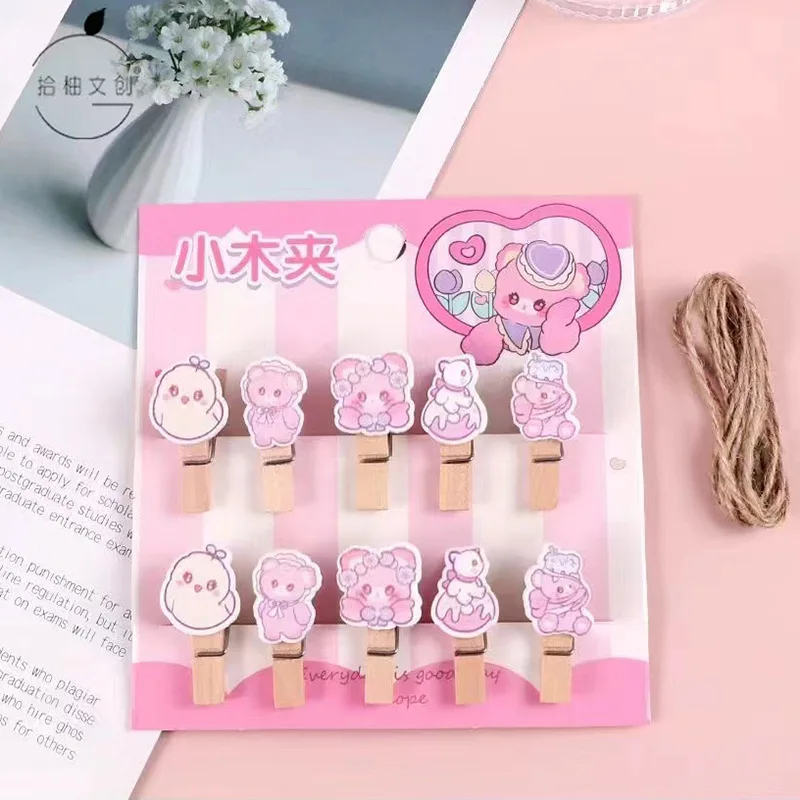 10pcs Color Small Wood Clip Cute Photo Clip Cartoon Decoration Clip Message Business Card Shape Log Clip  Desk Organizers