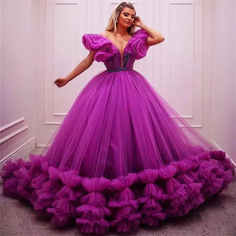 2023 Fashion Off The Shoulder Evening Dresses Beaded Pearls Layered Ruffles Tulle Prom Party Formal Gowns فستان حفلة موسيقية