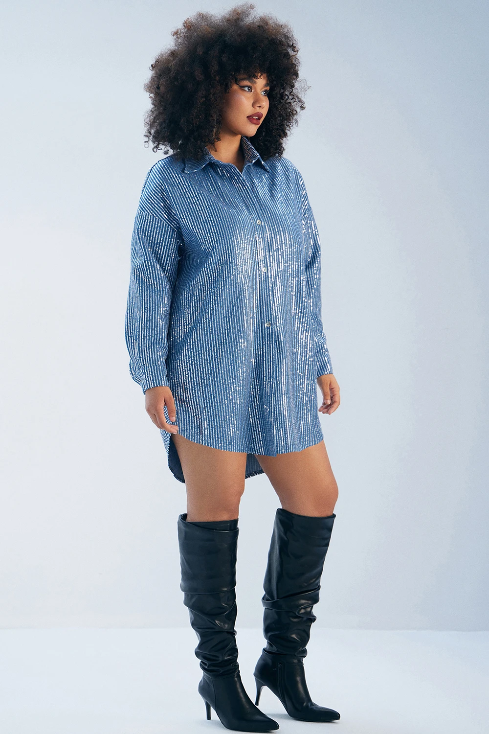 Plus Size Daily Mini Dresses Casual Blue Fall Winter Shirt Collar Long Sleeve Sequin Denim Mini Dresses