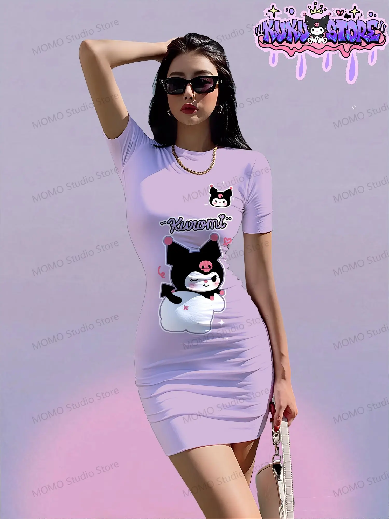 Kawaii Women's Short Sleeve Hip Dress Kuromi Summer Young Girls Dresses 2024 O Neck Y2k Sanrio S-3XL Fashion New Elegant Sexy