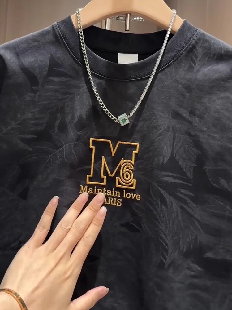 Men's Autumn Thin Long Sve Sweatirt Loose Heavy Embroidery American Retro Sle Casual Comfortable Polyester T-irt