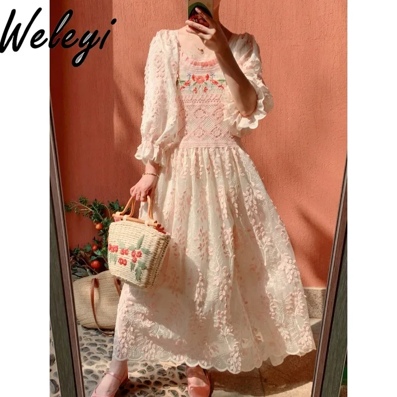 

Original Vintage Sweet Lantern Sleeve Knitted Embroidered Dress Mori Girl Bohemian Stitching Lace Pink Long Dresses Robe Femme