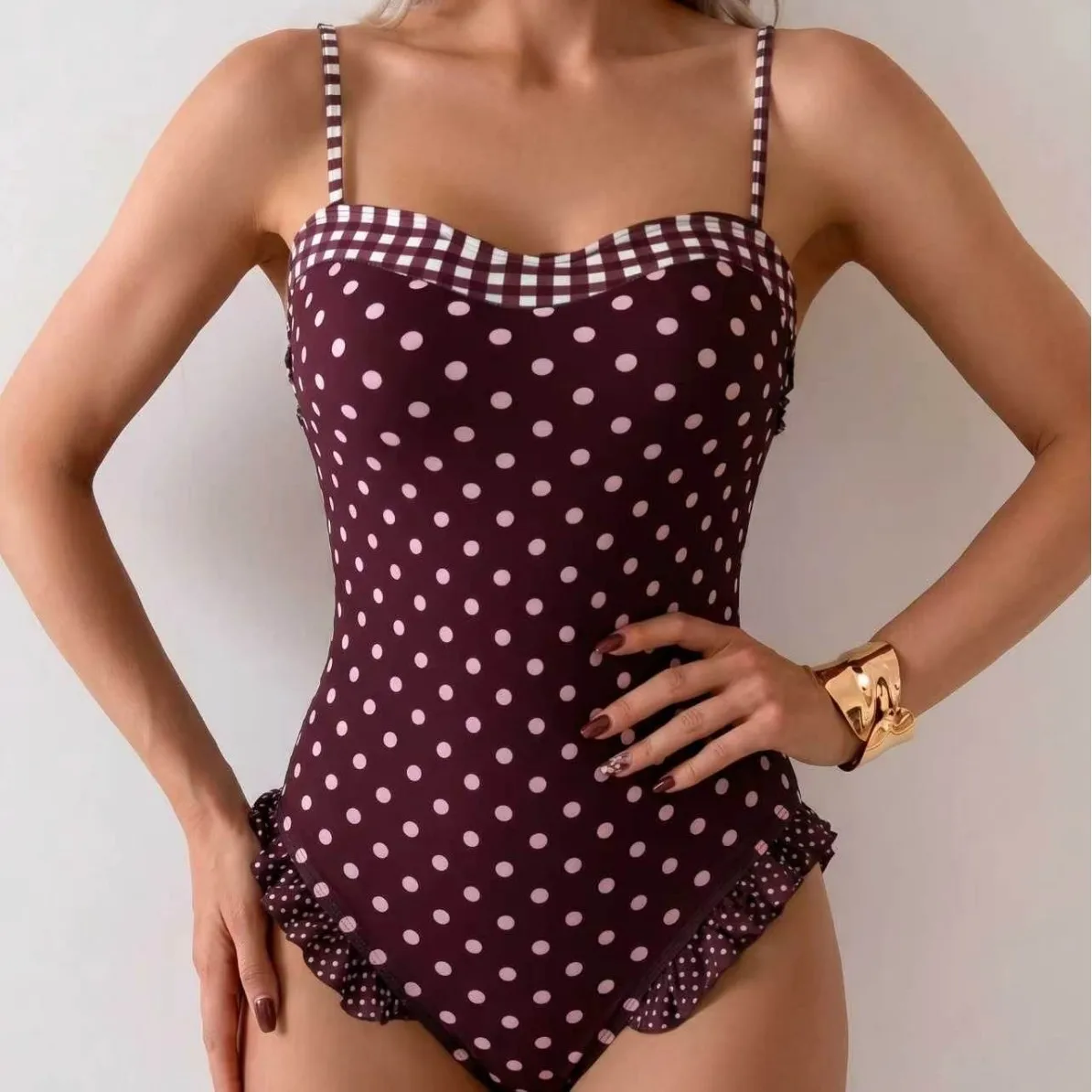 Vintage Dot One Piece Suits Bathing Suit Plaid Check Binding Sweetheart Neck Ruffle Frill Leg Strap Sportswear Pool Swimwear