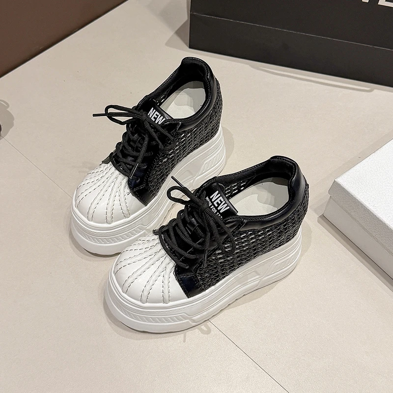 2026 New Summer Women's Leather Sneakers High Platform Lace-up Casual Shoes Hollow out 12CM Heels Walking Shoes Zapatos Mujer view 3