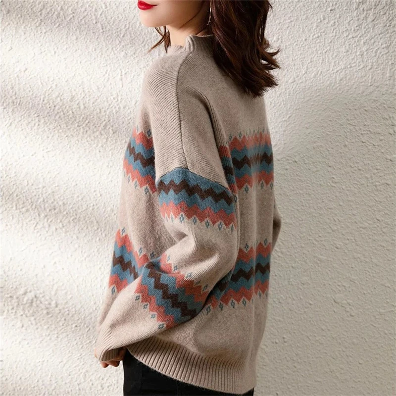 Autumn Winter Women\'s Vintage Striped Jacquard Pullover Knitted Sweater Casual Simple O Neck Loose Long Sleeve Top Female Jumper