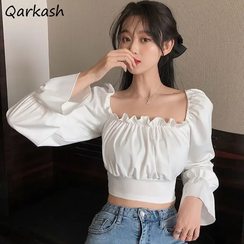 Flare Sleeve Blouses Women Crop Tops Hotsweet Spring Holiday Beach Style Fashion Elegant Young Square Collar Simple All-match