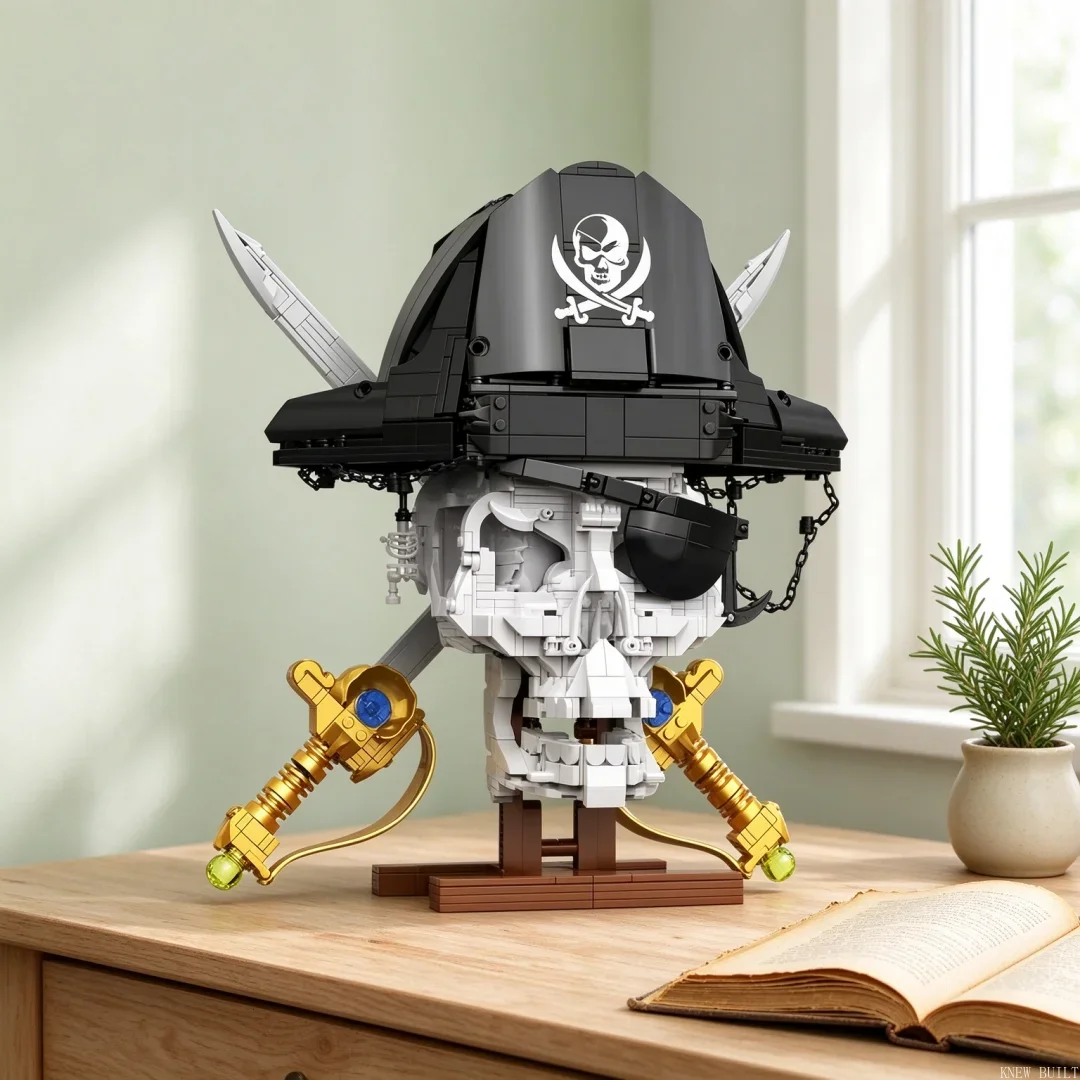 KNEW BUILT 1202PCS 3D Pirate Head Skull Building Block–Cool Desk Entryway Decor,Stress Relief Puzzle Toy,Birthday Christmas Gift