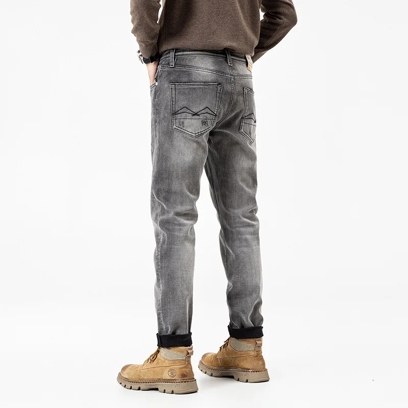 

Дымчато-серые джинсы, мужские, осенний стиль 2021, тяжелые, высококачественные, ностальгические, стираные, эластичные, маленькие прямые брюки в стиле ретро