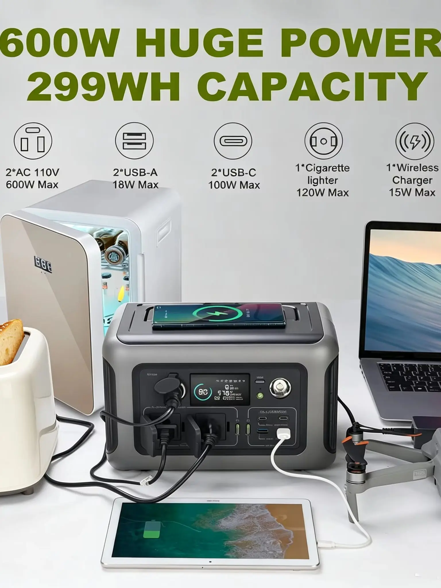 ALLPOWERS R600 299Wh Tragbare Powerstation mit 2x 600W (1200W Spitzenleistung) AC-Steckdosen Solargenerator für Outdoor-Camping, Wohnmobil und Zuhause