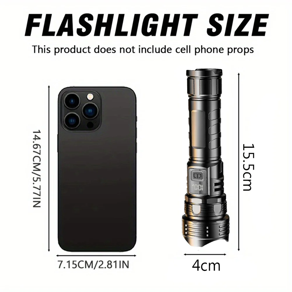 10W White Laser Flashlight Type-c Charging Telescopic Focus Torch Power Display High Power Flashlight Waterproof Camping Hiking