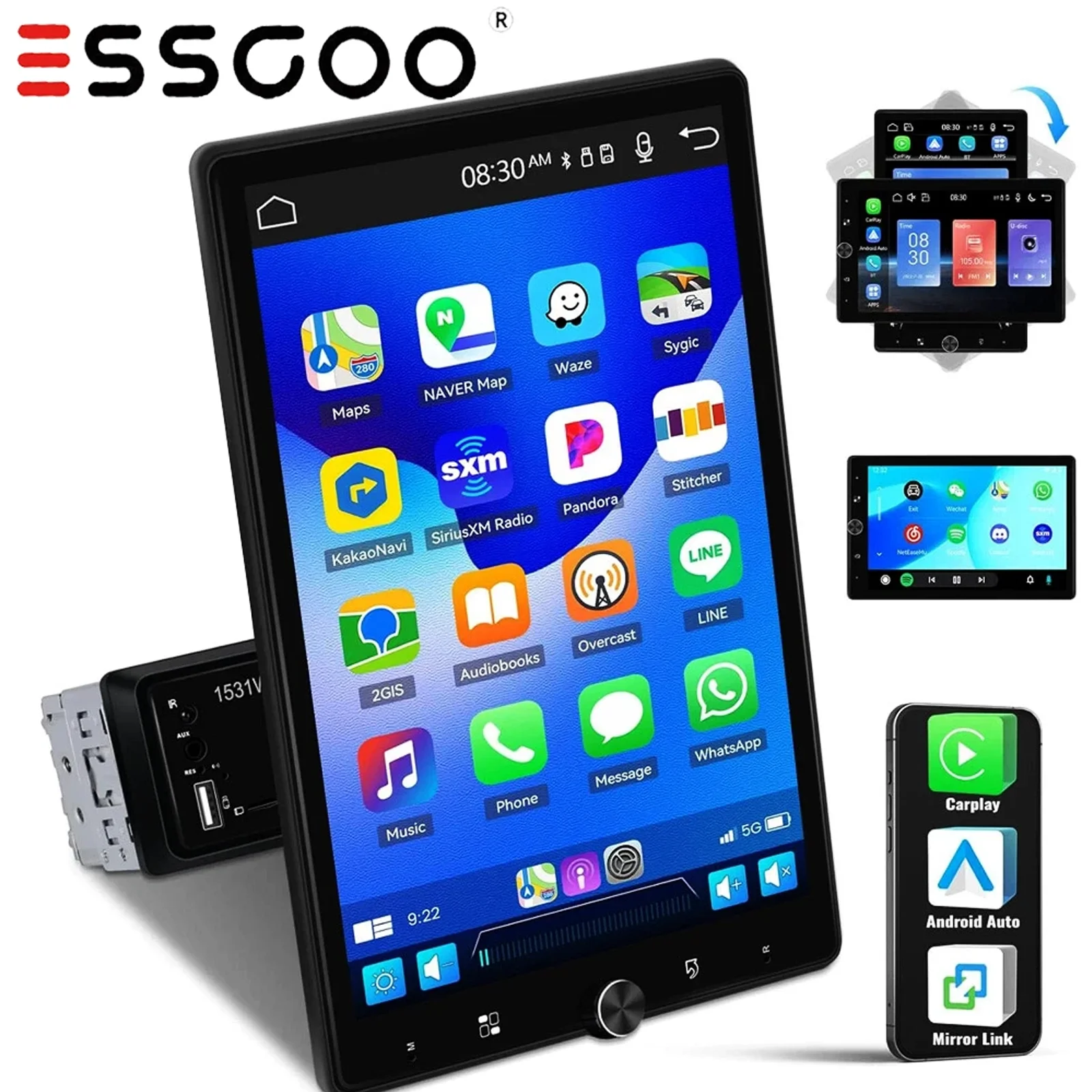 ESSGOO pantalla táctil IPS giratoria de 10,4 pulgadas individual 1 DIN estéreo de coche inalámbrico Apple Carplay Android Auto USB AUX TF FM Bluetooth
