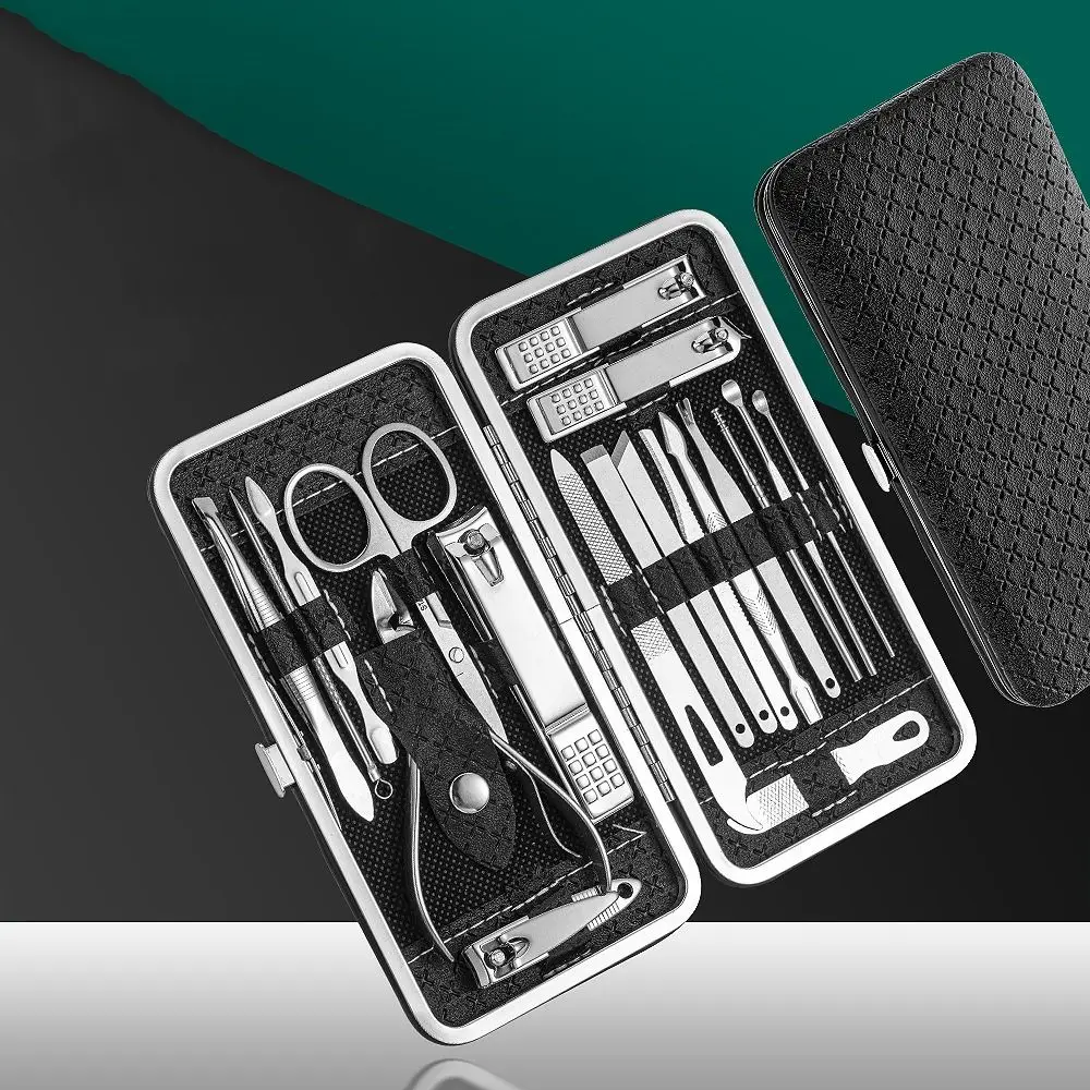 19Pcs Simple Stainless Steel Nail Clippers Set Foot Trimming Home Nail Sanding Tool Leather Sleeve Beauty Nail Care Kit Gift