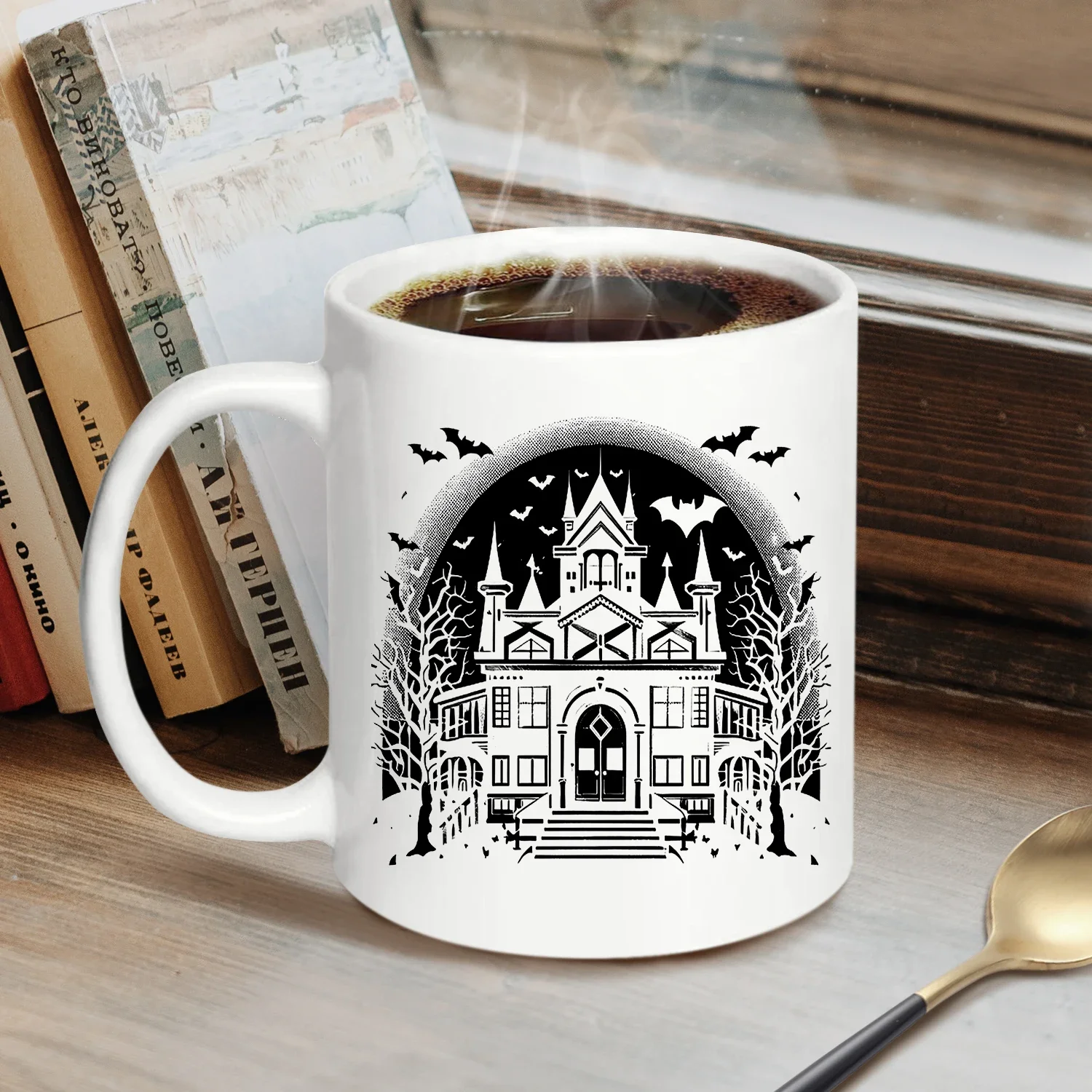 Halloween Ceramic Mug 320ml Castle Ghost Coffee Mug,Party Cups for Home School Office Table Centerpieces Housewarming Gift.