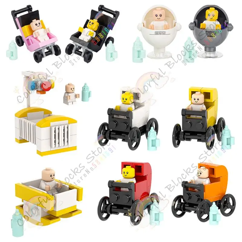 City MOC Baby's Bed Cart Furnitures Building Blocks Baby Milk Bottle Cradle Models Decoration Bricks Assemble Toys For Kids Gift