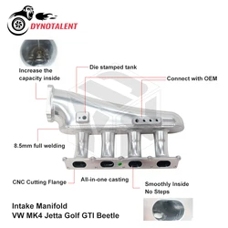 Dynレーシングvw MK4ジェットtaゴルフgt iカブトムシ1.8tビレット左直面してインテークマニホールド1999-2005