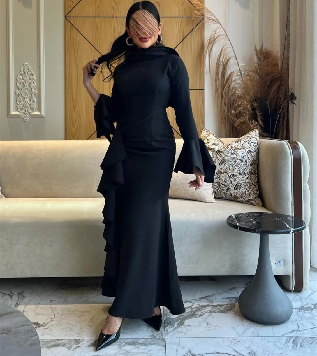 Customized Long Sleeve Black Evening Dresses with Ruffles Crepe Mermaid Ankle Length فساتين سهرة Wedding Guest Dress for Women