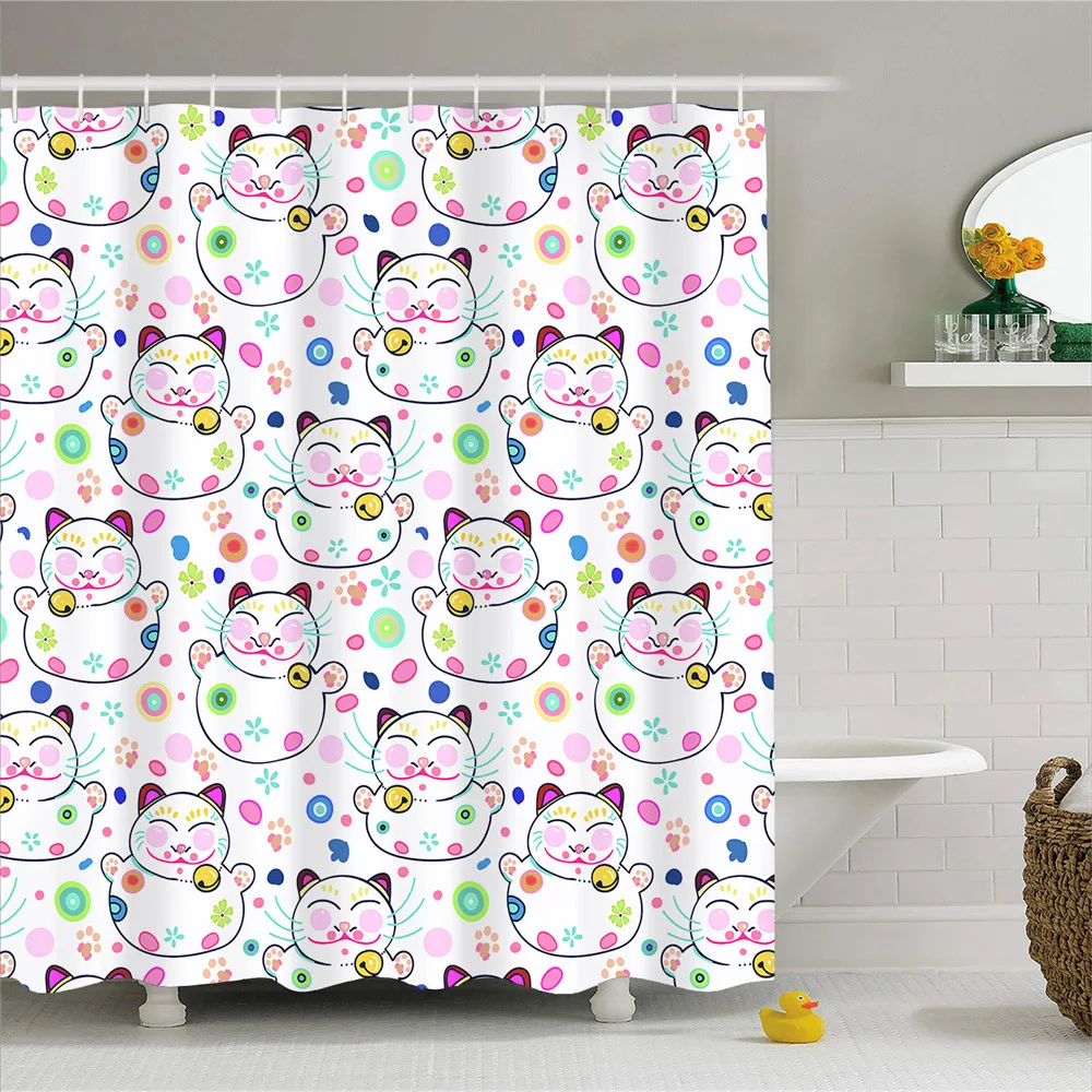 

Colorful Kids Cartoon Shower Curtain Lucky Smile Cat Print Pattern Bath Curtains Waterproof Polyeste Bathroom with Hooks Decor