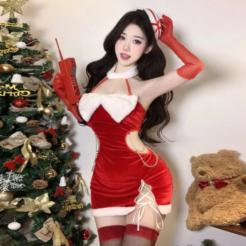คริสต์มาสเชือกแขวนคอเว้าหลังกำมะหยี่ตุ๊กตาชุดมินิสีแดงปีใหม่เครื่องแต่งกายคอสเพลย์คริสต์มาสชุดนอนสาวน่ารักชุด