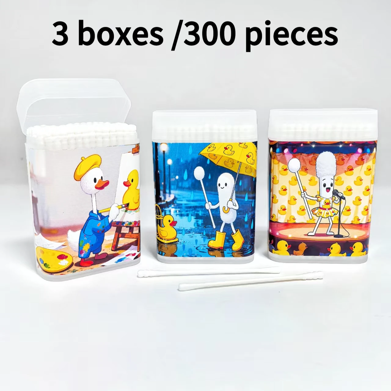 300개 귀여운 노란 오리 테마의 양면 면봉, 미세 축 나사형 원형 면봉