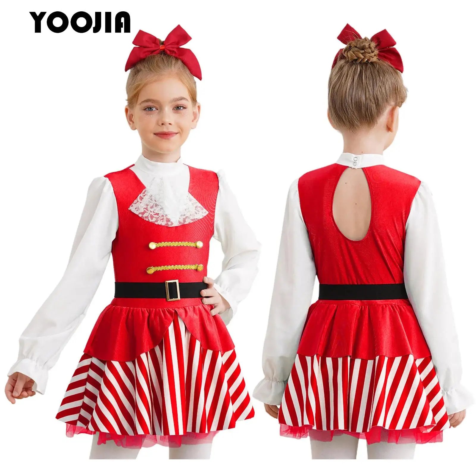 

Girls Christmas Dance Costume Miss Santa Candy Cane Striped Princess Dress elegant Puff Sleeve Ballet Tutu Leotard Dancewear