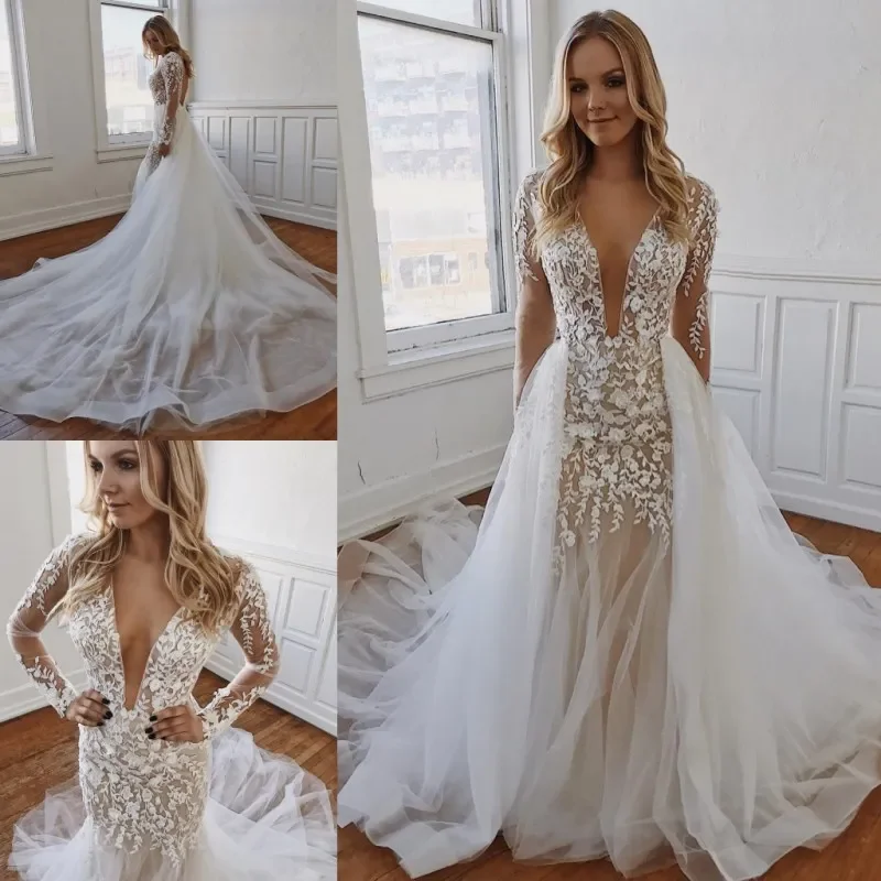 Vestidos De Novia De sirena con cuello en V, mangas largas, tren desmontable, Espalda descubierta, bohemio