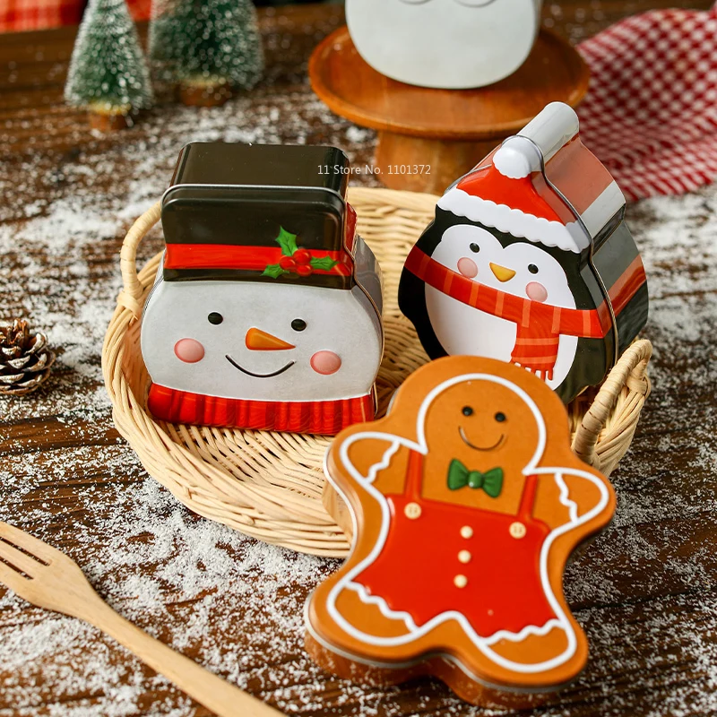 Christmas Shaped Iron Can Gingerbread Man Santa Claus Cartoon Iron Box Tinplate Biscuit Packaging Box  Christmas Gift Bags