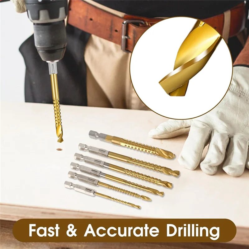 

FAAJ-6Pcs Titanium Coated HSS Twist Drill Bits, 3-8Mm Hex Shank Serrated Cutting Drill Bit Spiral Saw Drill Bit