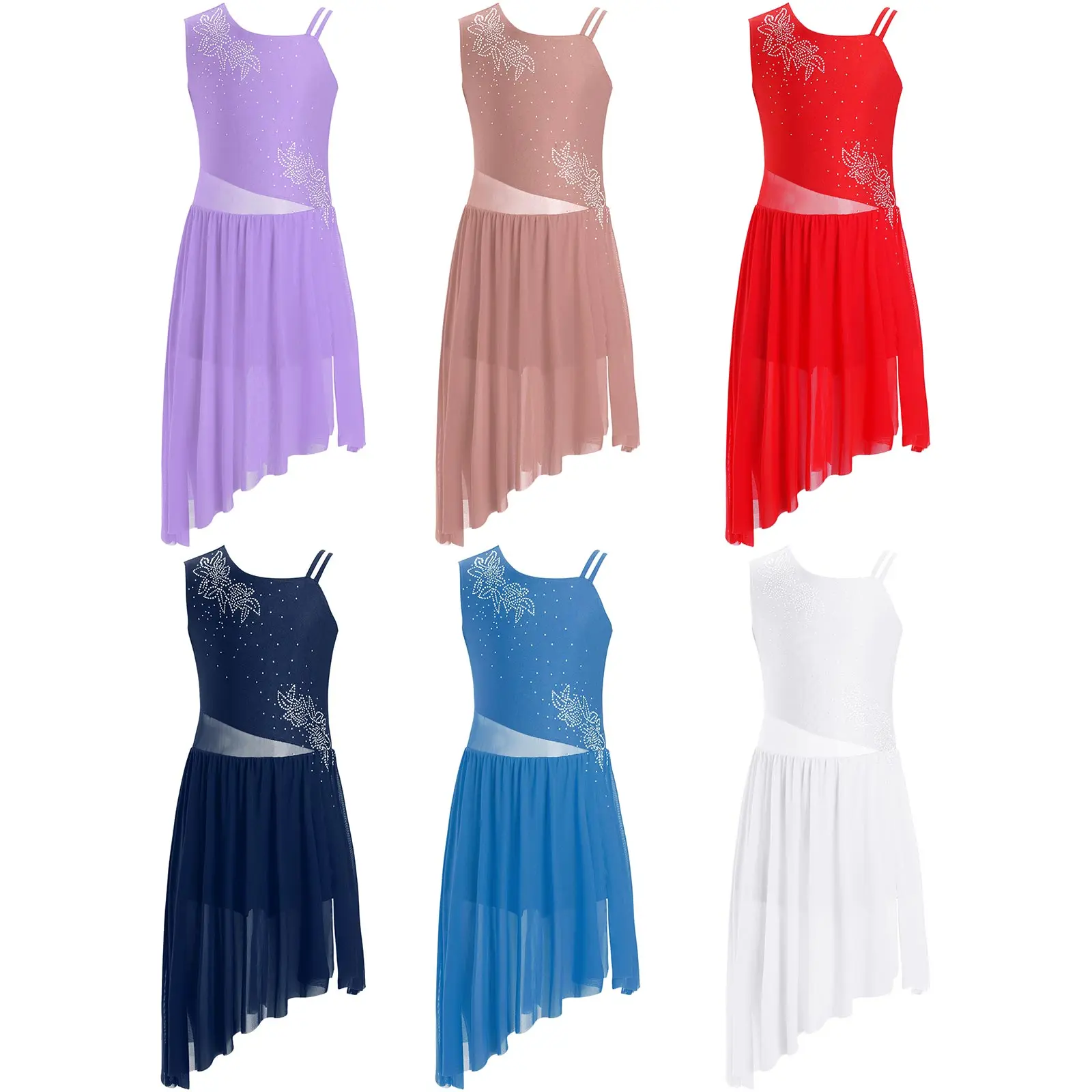 فستان رقص غنائي للفتيات الصغيرات بدون أكمام وأحجار الراين اللامعة ونمط الزهور غير المتكافئة بفتحة جانبية ملابس الرقص
