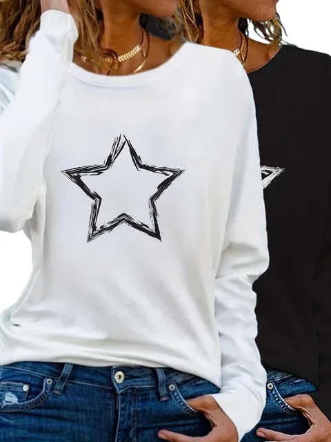 T-shirt z okrągłym dekoltem i nadrukiem w kształcie serca. Casualowy, długi, jesienno-zimowy top damski z długim rękawem, luźny, wygodny, czarno-biały