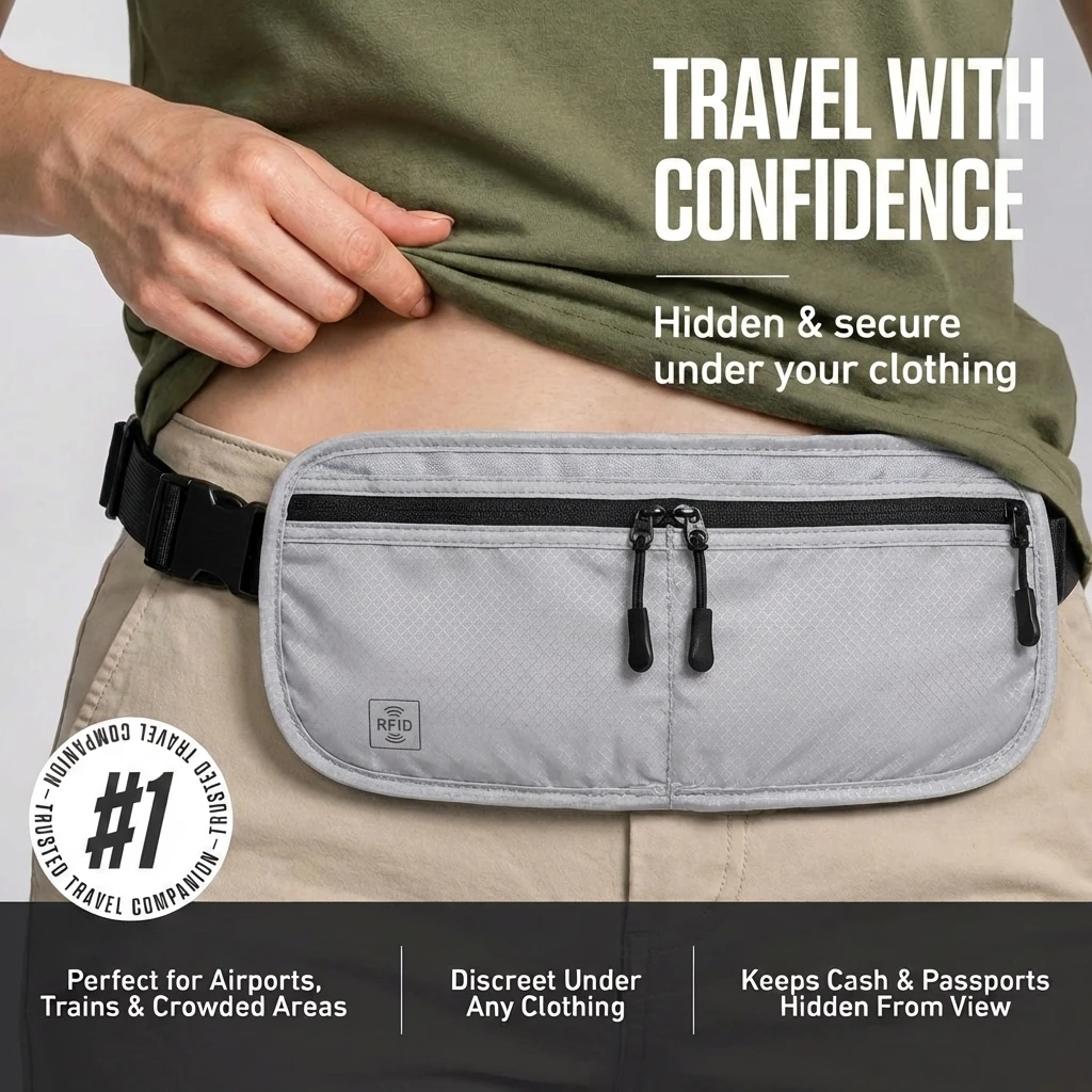Premium RFID Blocking Travel Waist Pouch, Multi-Wear Anti-Theft Bag Durable Ripstop Fabric Waterproof Zippers