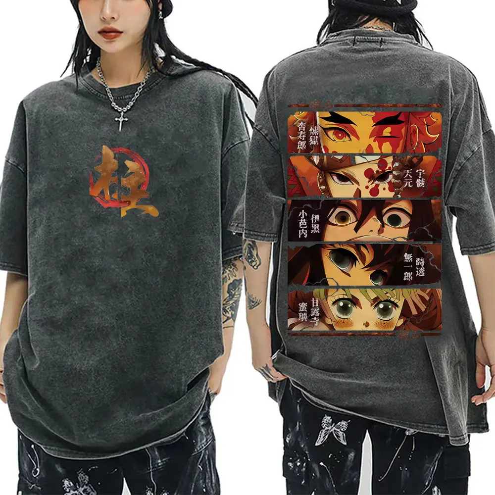 Washed Vintage Anime Demon Slayer Kokushibo Double Sided Print T Shirt Men Women Cartoon Fashion Oversized Short Sleeve T-shirt