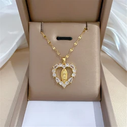 Gorgeous Heart Shaped Holy Virgin Mary Portrait Copper Zircon Pendant Necklace for Women Stainless Steel Chain Jewelry Love Gift