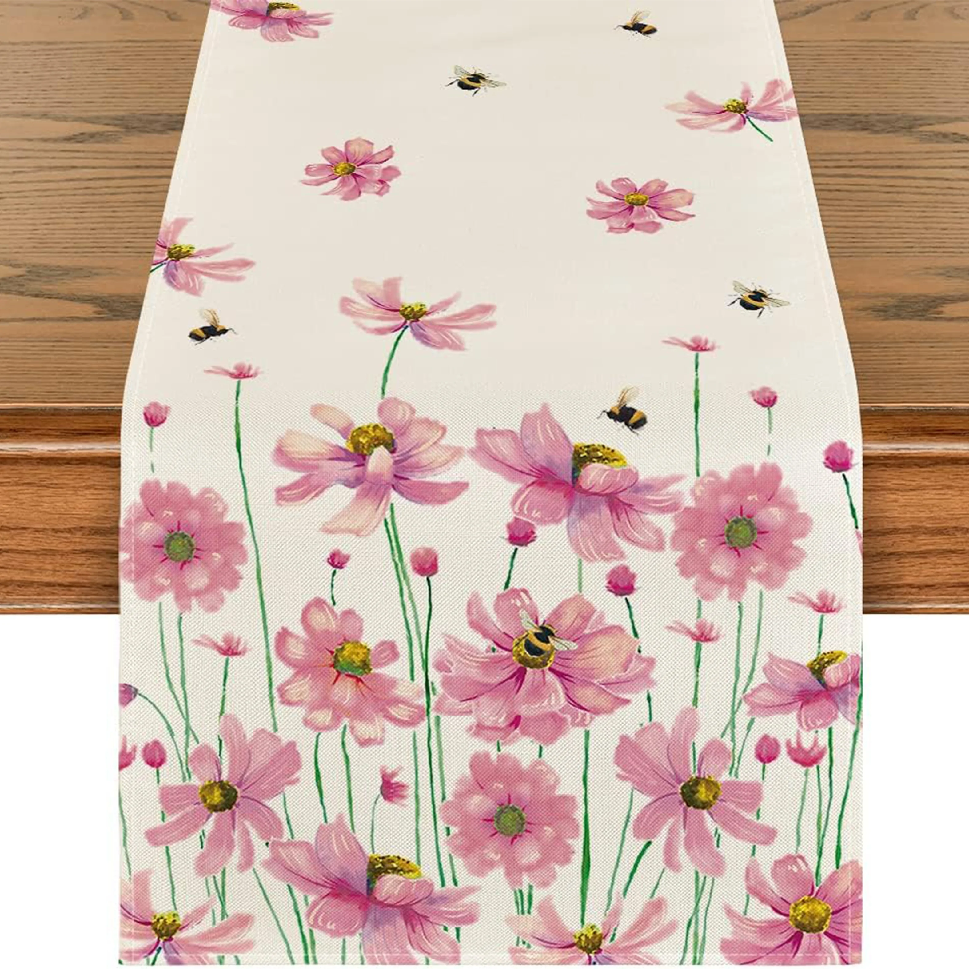 

Flowers Daisy Bees Pattern Linen Table Runners Hello Spring Theme Table Runner Seasonal Kitchen Dining Table Wedding Party Decor