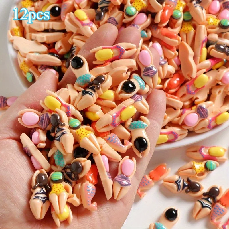 12 Assorted Resin Cartoon Swimming Figurine - Colorful Craft Materials Featuring Unique Swimming Poses And Patterns, Suitable Fo