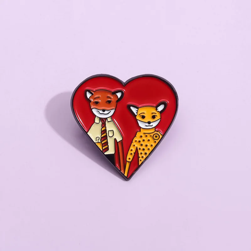 Comedy Movies The Fantastic Mr Fox Couple Love Brooch Enamel Pin Funny Heart Badge Lapel Jewelry Gift for Fans Wholesale