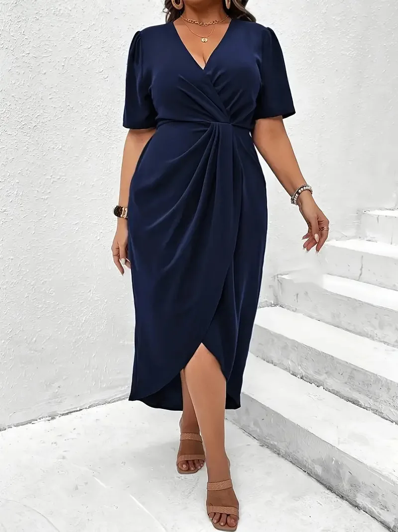 GIBSIE Plus Size Elegant Deep V-neck Wrap Hem Solid Dress Women Summer Short Sleeved High Waist Casual Long Dresses For Women