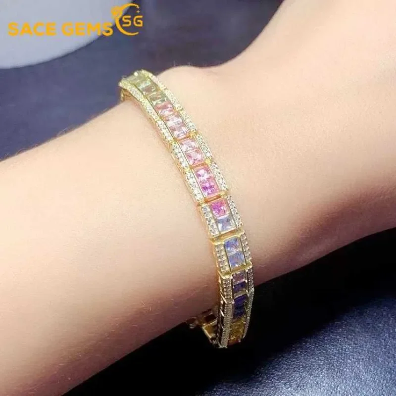 

SACE GEMS Certified 3*3mm Natural Colourful Sapphire Bracelets 925 Sterling Silver 18cm for Women Engagement Party Fine Jewelry