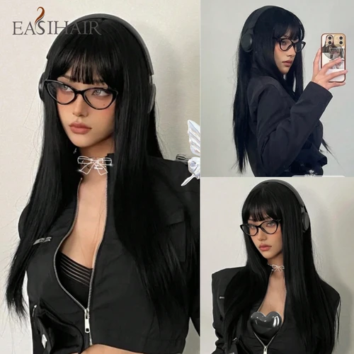 EASIHAIR pelucas sintéticas largas y sedosas con flequillo, pelucas de pelo negro para fiesta de Cosplay, peluca Natural resistente al calor para mujer