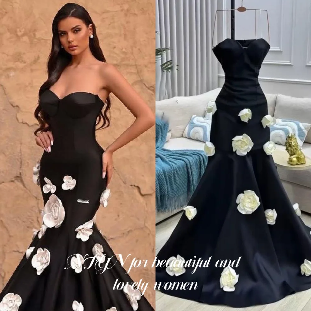 NFYN Black Sweetheart Party Dresses for Party Sleeveless Formal Dress 3D-Flowers Stain Formal Gown Long Evening Dress Customized
