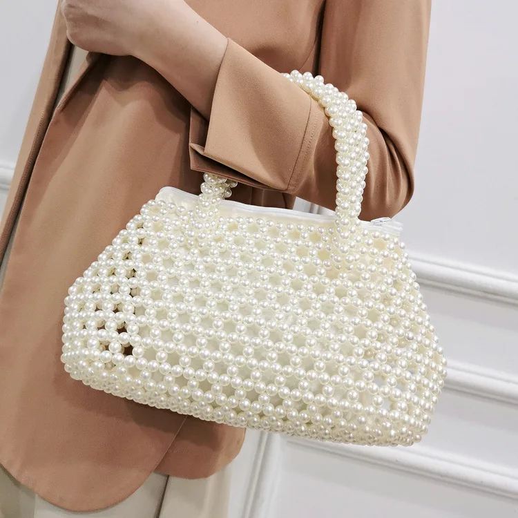 

New Woven Design Female Beach Travel Handbag Handmade Beaded Totes Bag Trend Pearl Solid Color Clutch Purse Party Dinner Bag Sac